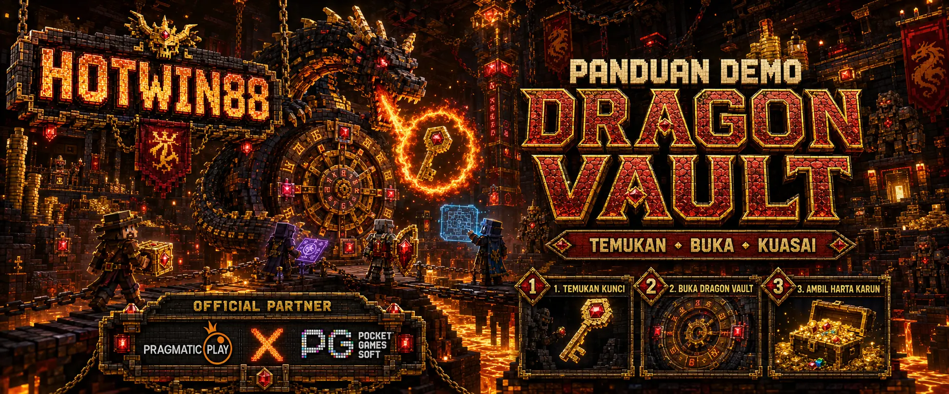 Banner demo Dragon Vault bertema Minecraft