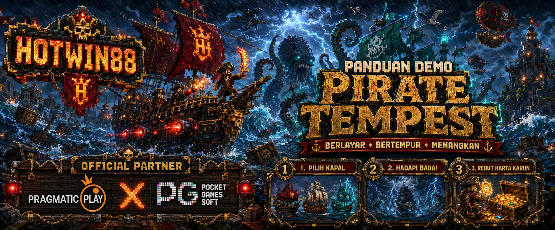 Banner demo Pirate Tempest bertema Minecraft